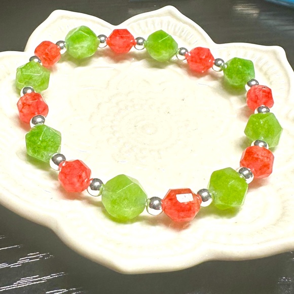 Jewelry - Faceted Green Peridot Jade Stone, Rhodochrosite Natural Stone Bracelet 🍉